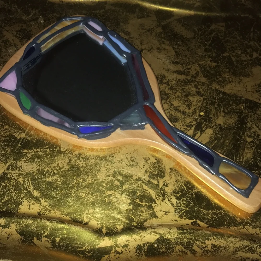 Unique Hand Mirror Wood W/Stained Glass Trim